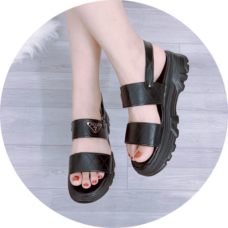 Dép sandal nữ quai ngang chần chỉ tag PRA độn đế 4cm