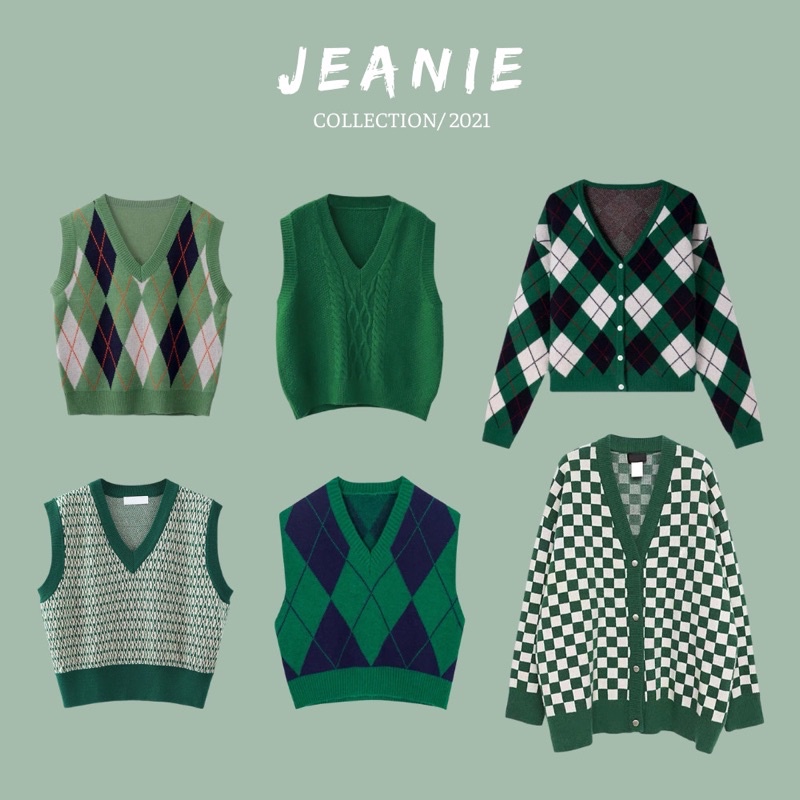 Áo gile nữ xanh lá và áo Cadigan form rộng JEANIE, BST len hot 2021