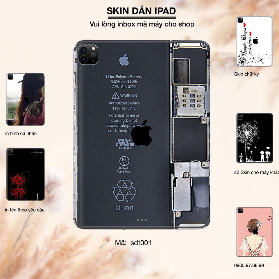 Skin dán iPad in hình pin trong suốt - tsdt002 (inbox mã máy cho Shop)