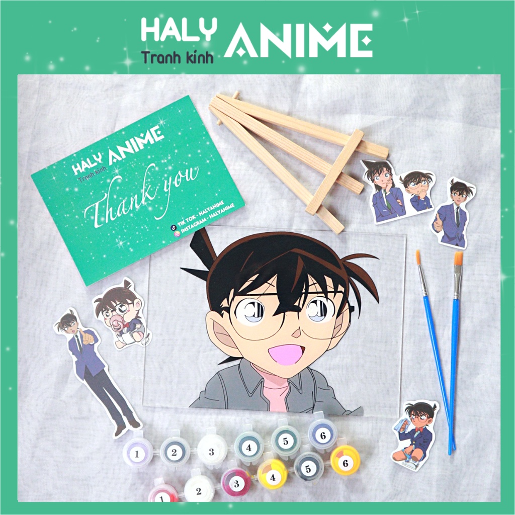 Tranh kính anime Conan, theo yêu cầu, glass painting kit dễ thương, màu acrylic 3D khó phai.
