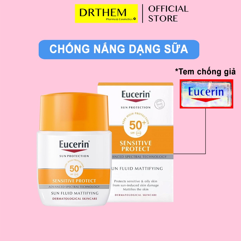 Kem Chống Nắng Eucerin Sun Fluid Mattifying Sensitive SPF 50+ 50ml - Cho Da Khô, Mụn, Nhạy Cảm, Da Hỗn Hợp