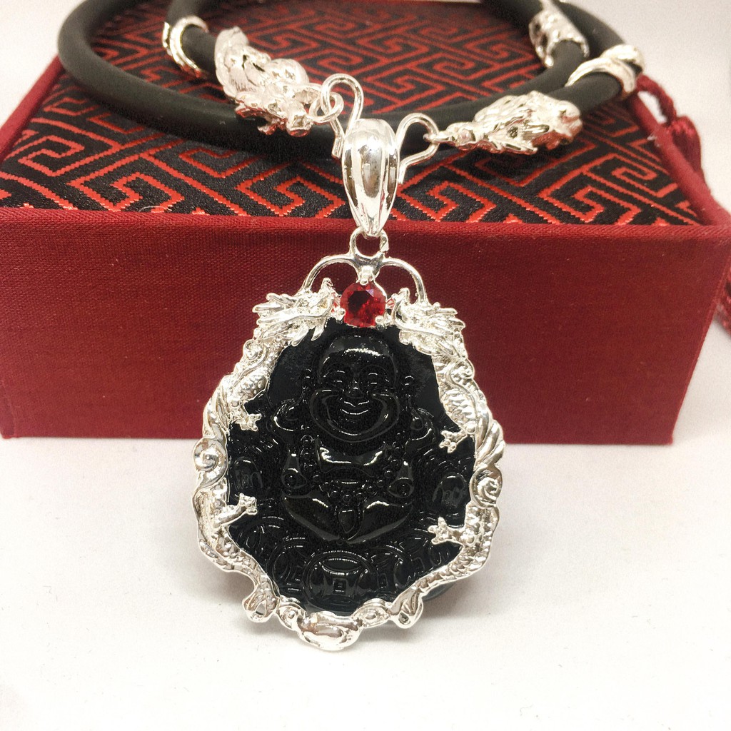 Dây chuyền Phong thủy Mặt Di Lạc Đá Obsidian Đen Song Long Bạc Thái Cao Cấp | Jewelry Bảo Tín (dây và mặt) ( Màu bạc)