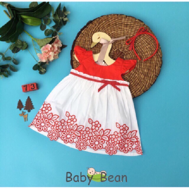 [MÃ THƯƠNG HIỆU YÊU THÍCH Voucher giảm 10%] Đầm Cotton Giấy thêu Bông Chân Bé Gái BabyBean