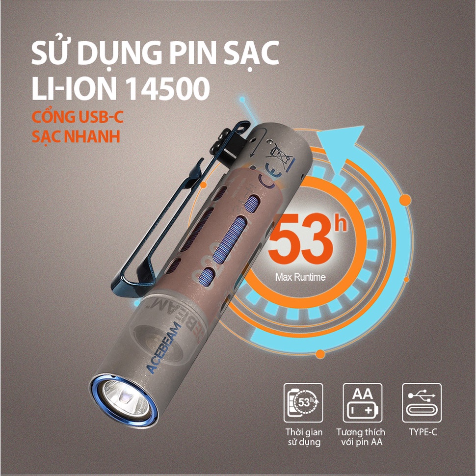 Đèn pin ACEBEAM RIDER RX TITANIUM độ sáng 650 lumen chiếu xa 96m bóng LED Nichia 219F Đèn & Đèn pin
