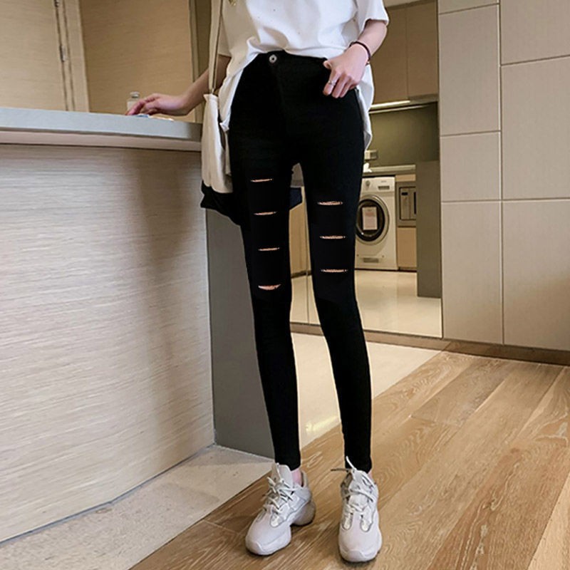 Quần legging màu đen phối rách thời trang theo phong cách hàn quốc cho nữ