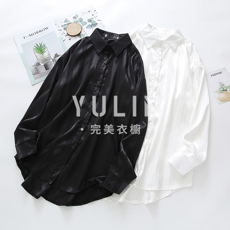 【🔥Spot sale🔥】Spot 2021 autumn new polo neckline texture Korean version loose casual solid color all-match blouse niche shirt female blouse white