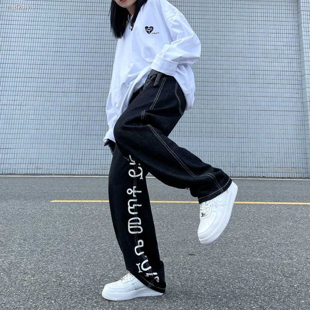 Quần jeans ống suông rộng in họa tiết chữ thời trang hip hop đường phố sành điệu dành cho nữ