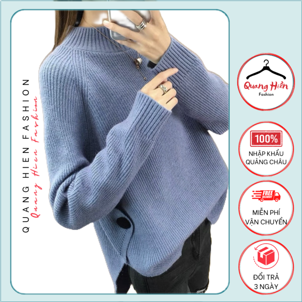 Áo len Quảng Châu cổ 3cm xẻ tà đính cúc sườn MS332