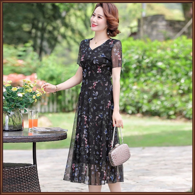 Đầm Tay Ngắn Cổ Chữ V In Họa Tiết Hoa Thời Trang Cho Nữ