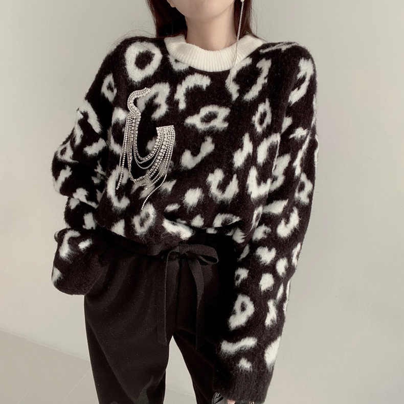 Áo Sweater Dệt Kim Hoạ Tiết Da Báo Thiết Kế Dáng Rộng Thoải Mái