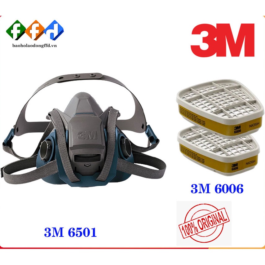 [Hàng chính hãng] Bộ mặt nạ phòng độc 3M 6501QL(2 phin lọc 6006),Lọc hơi vô cơ,hữu cơ,khí Amoniac,Metylamin,Formaldehype