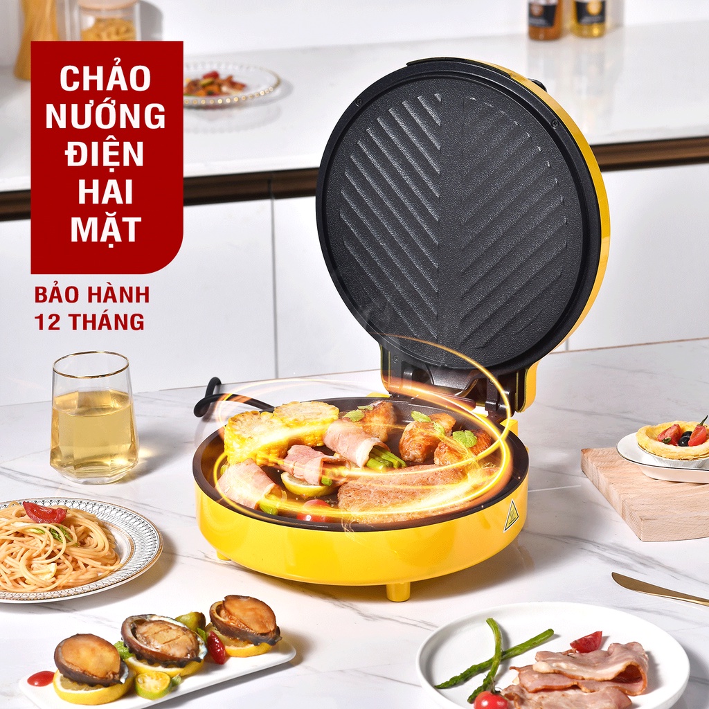 Chảo nướng điện 2 mặt bề mặt chống dính CÁT Á - Máy kẹp nướng Bánh mì, chiên, rán làm bánh pancake