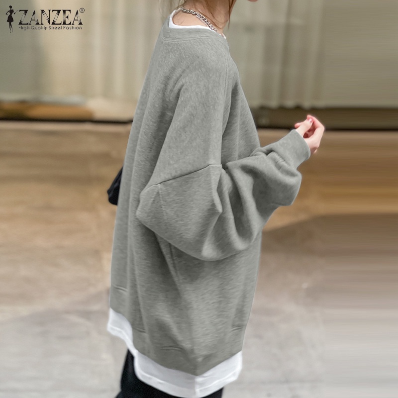 Áo sweater ZANZEA màu trơn dáng rộng cổ chữ O phong cách giản dị thời trang đường phố cho nữ