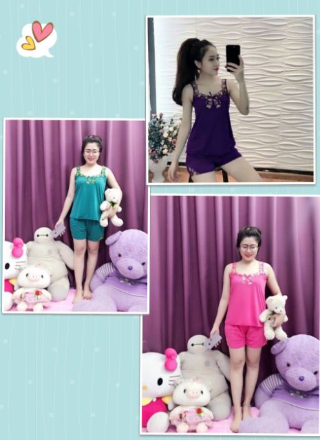 03 Bộ đồ ngủ Thun Lạnh cao cấp Thêu Ren freesize từ 35kg -&gt;65kg (giao 3 bộ đủ màu )