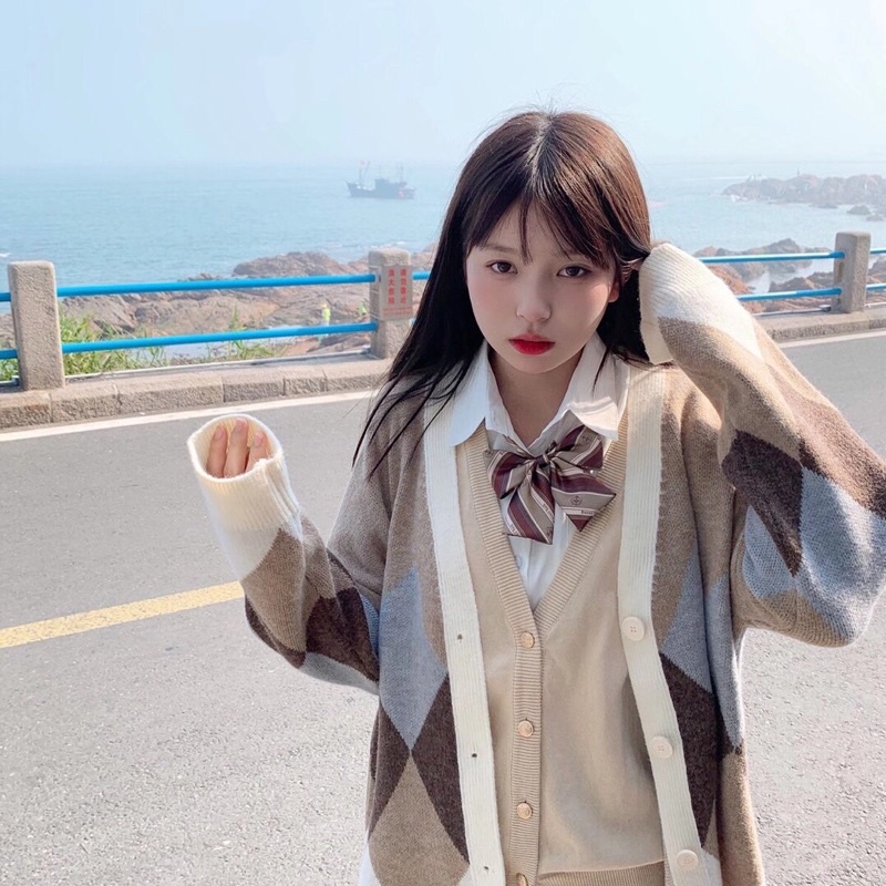 Áo khoác Cardigan len hoạ tiết trám phối màu, Áo khoác len dáng dài trùm mông(kèm ảnh/video shop chụp) | BigBuy360 - bigbuy360.vn