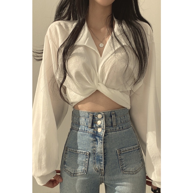 QADCOL Áo Sơ Mi Croptop Thắt Nơ Sau Lưng Phong Cách Pháp