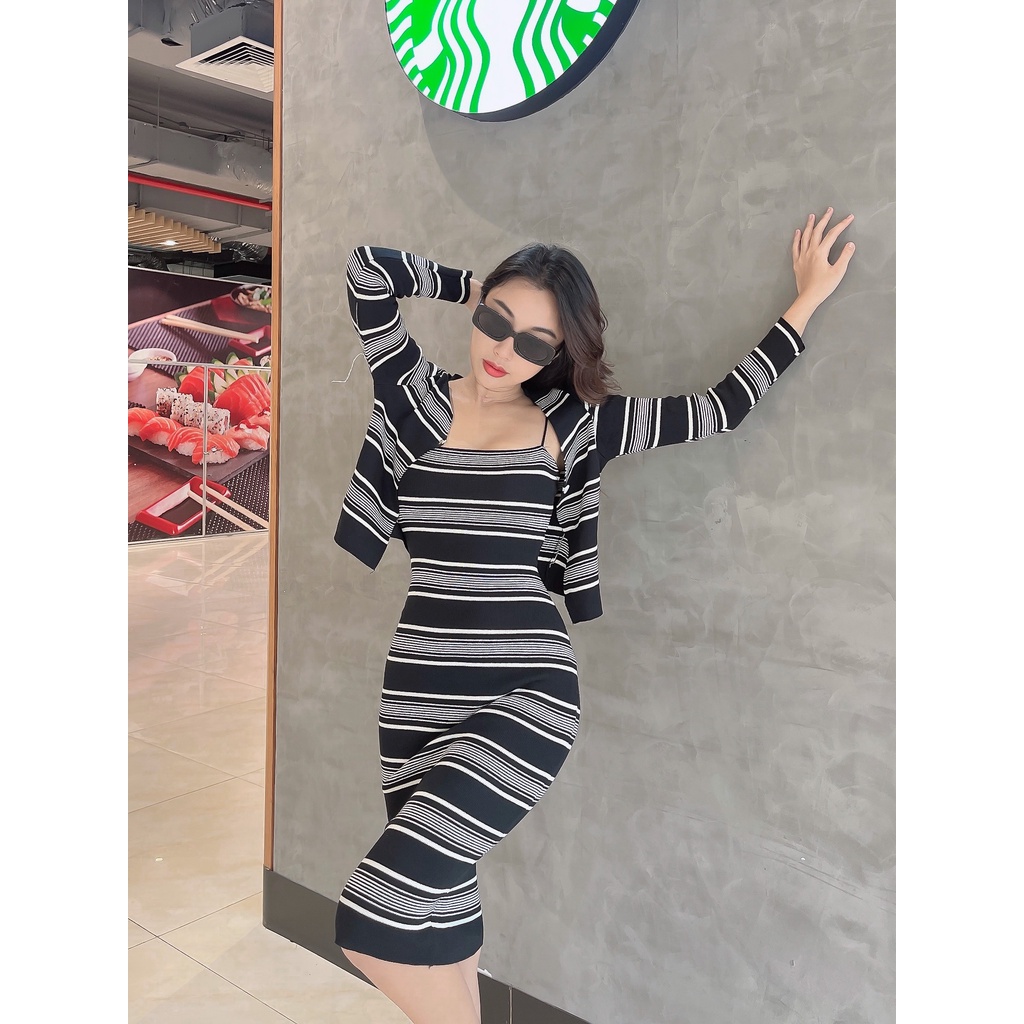 Set Áo khoác + Đầm 2 dây trẻ trung chỉ mịn cao cấp Paola DS01