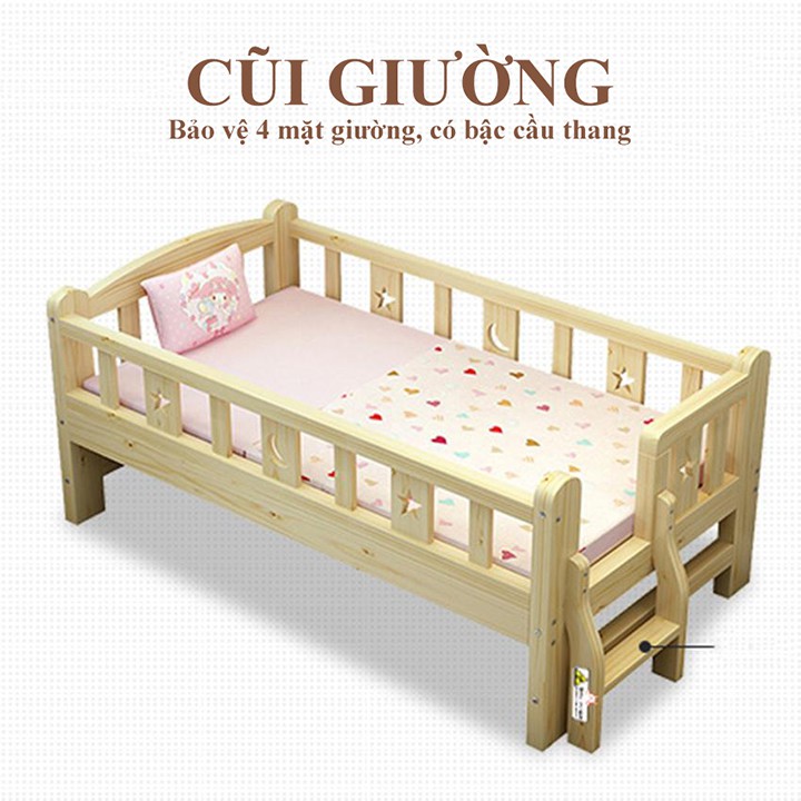 Giường trẻ em gỗ thông quây 3 mặt quây 4 mặt có cầu thang 128*60*40cm | BigBuy360 - bigbuy360.vn