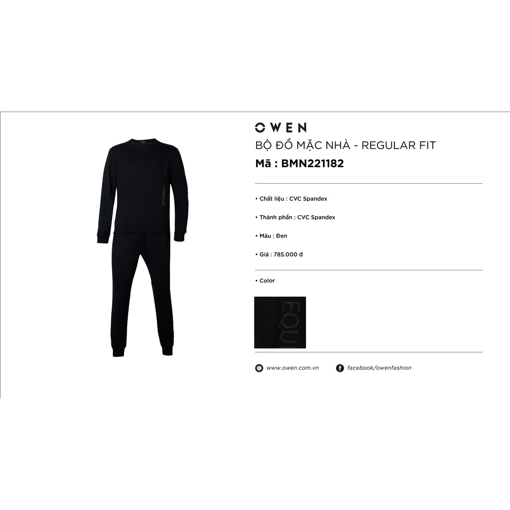 Bộ Đồ Thu Đông Mặc Nhà Nam OWEN BMN221182 Vải Thun CVC Màu Đen Dáng Suông Áo Dài Tay Cổ Tròn Bo Tay Quần Cạp Chun Bo Gấu