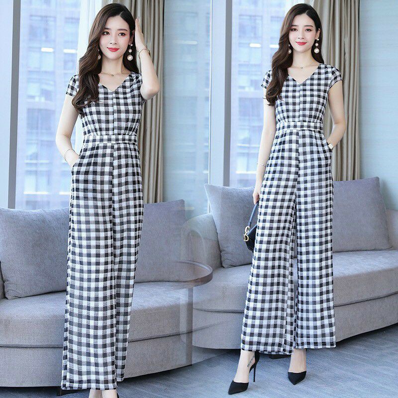 Jumpsuit Dài, Đồ Bay Caro Cổ V Tay Con, Vải Đũi Lụa Lót Thun Mát Mẻ, May Kĩ, Form Chuẩn