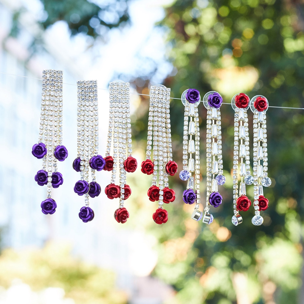 Bông tai RINHOO dáng dài hình hoa hồng đính đá phối tua rua thời trang cho nữ