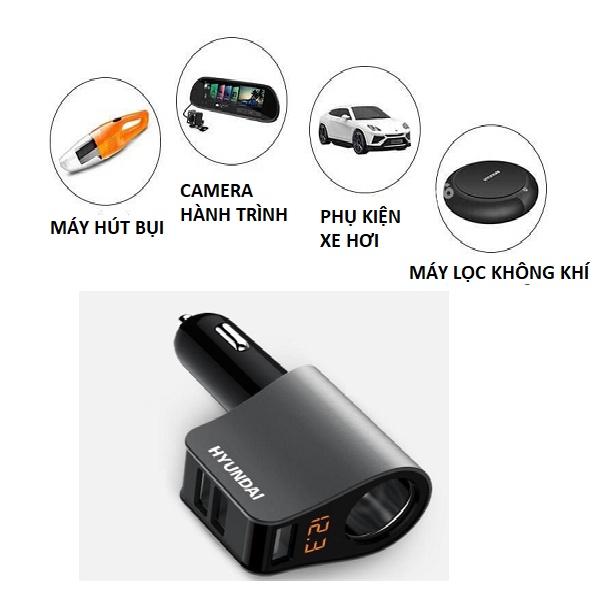 Tẩu Sạc Ô tô, Xe Hơi Hyundai 1 Tẩu Tròn (3 cổng USB) - Có Đèn Led Báo Điện Áp - Huyndai Chính Hãng