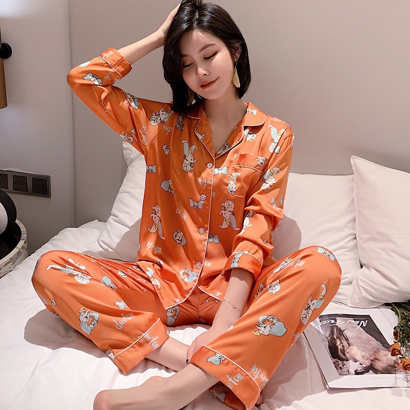 Đồ Ngủ Mặc Nhà Lụa Hàn Pajamas Dài Tay Quần Dài Họa Tiết Chú Voi AMANTA P48AMK