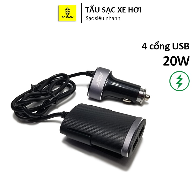 Tẩu sạc , dock sạc nhanh 20W 2 USB phía trước + 2 USB 4 cổng USB kéo dài 1m nối dài trên xe ô tô, xe hơi, điện áp 12-24V