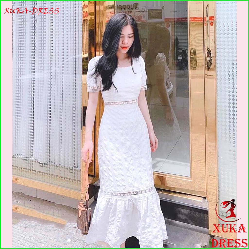 Đầm maxi công chúa [HÀNG CAO CẤP] dự tiệc trắng phối ren đuôi cá Hà Kiều Fashion-chất đũi xinh xắn