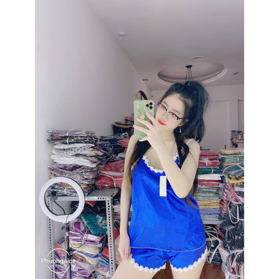 Đồ ngủ 2 dây bèo vai phối quần bèo vải phi lụa ngủ siêu mát họa tiết nhiều màu freesize dưới 56kg