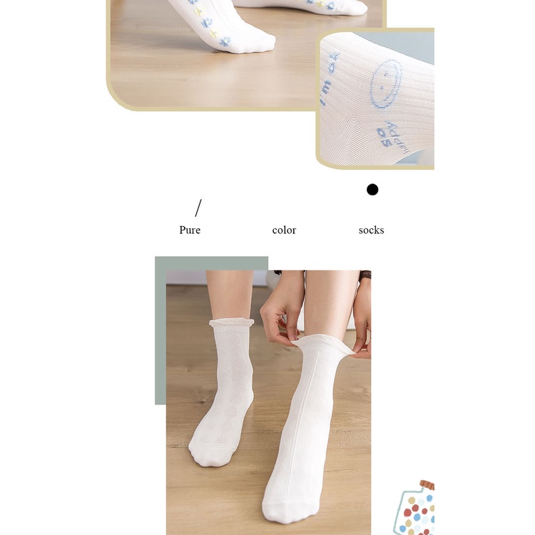 Vớ tất trắng cổ cao xoăn lai họa tiết Heho smile xanh pastel Ullzang