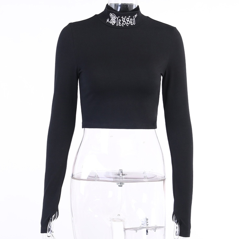 Áo Croptop Tay Dài Cổ Lọ Màu Đen Thêu Chữ Phong Cách Gothic