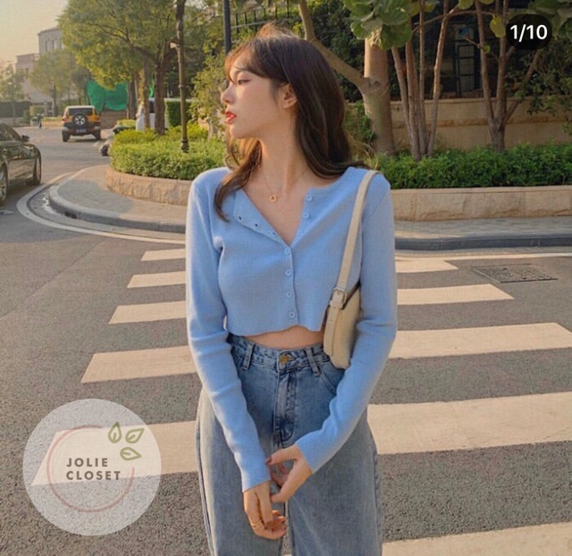 Áo Croptop Tay Dài Chất Len Gân Phối Nút Hàn Quốc