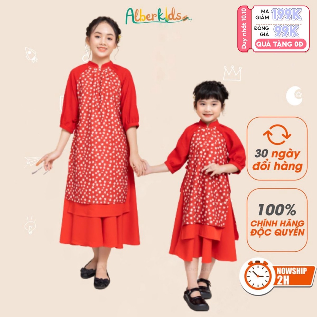 Áo dài họa tiết hoa phối chân váy ALBERKIDS cho mẹ và bé gái cho trẻ em 4,5,6,7,8,9,10,11,12,13,14,15 tuổi [AD01]
