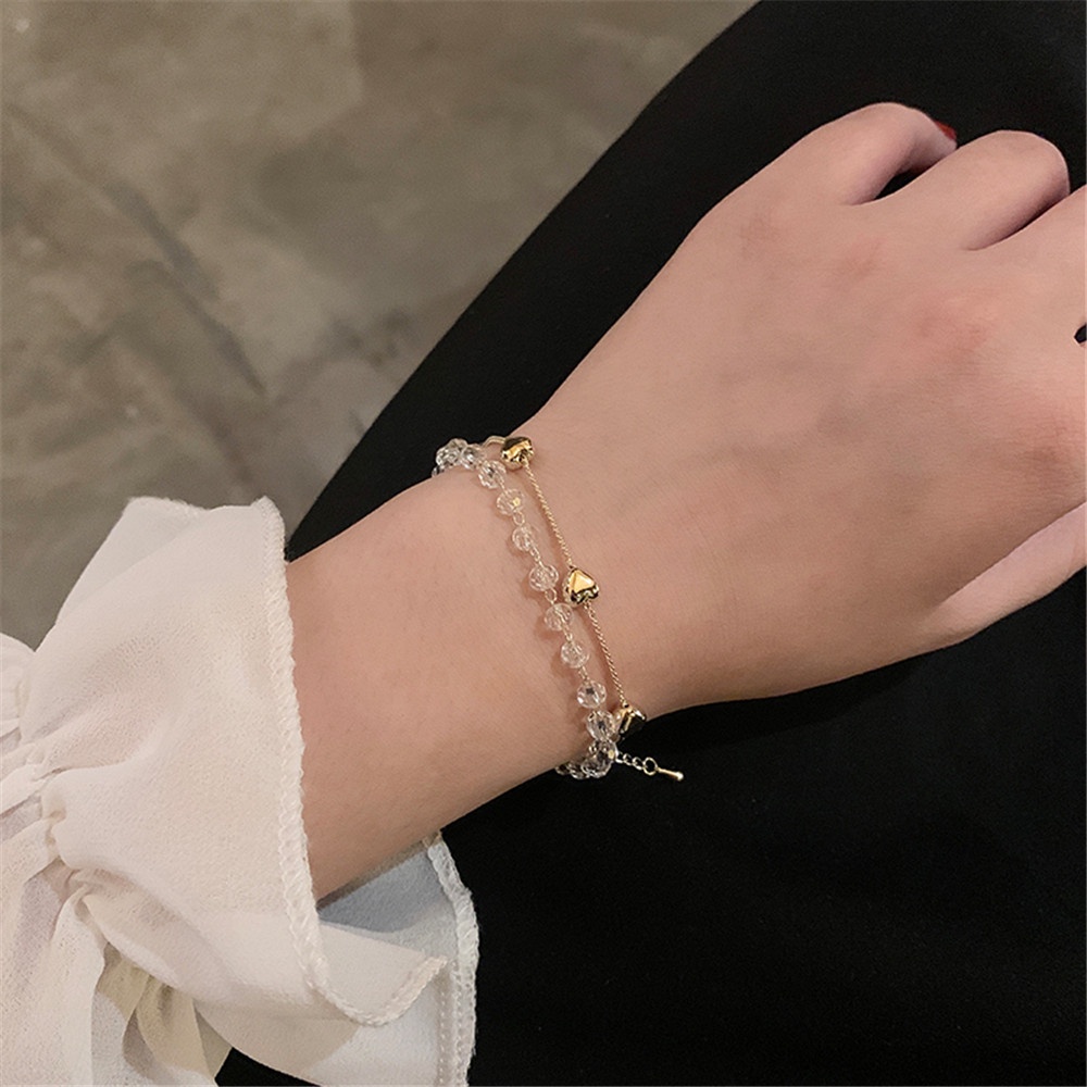 Vòng tay hai lớp bằng kim loại hình trái tim phong cách Hàn Quốc cho nữ
