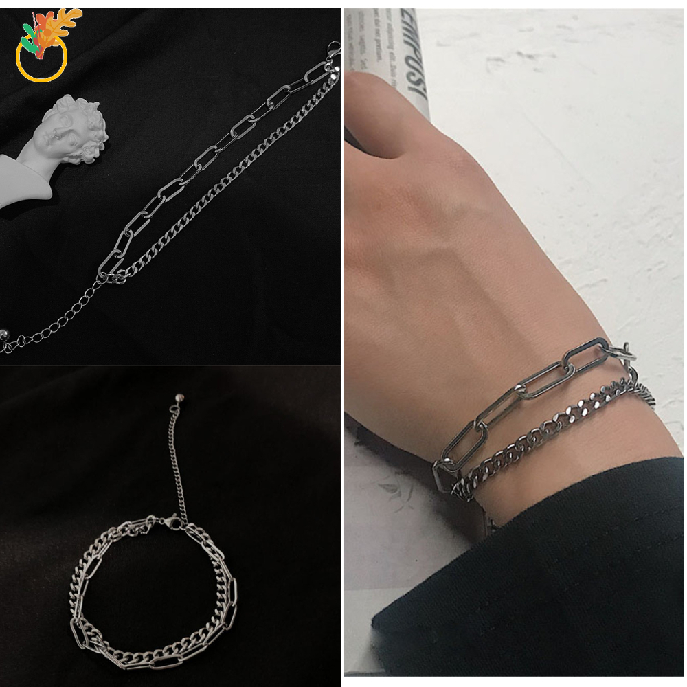 Vòng tay dây xích 2 lớp hình học bằng thép không gỉ thời trang hip hop tối giản cho nam và nữ