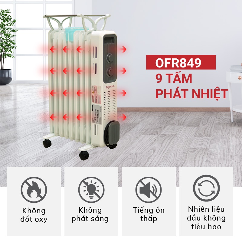 Máy sưởi dầu Nhập Khẩu Nhật Bản không khô da Fujihome 9 thanh, máy sưởi ấm điện tự ngắt không đốt oxi không gốm mini