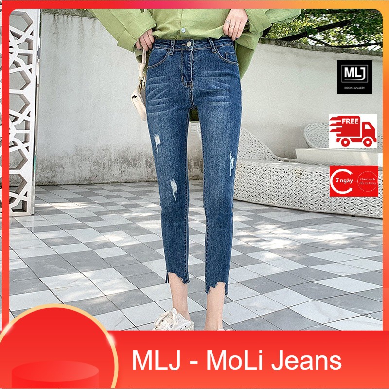 Quần jean 9 tấc BIG SIZE lưng cao trên rốn, co dãn mạnh, màu xanh đậm 3022 lai rách kiểu