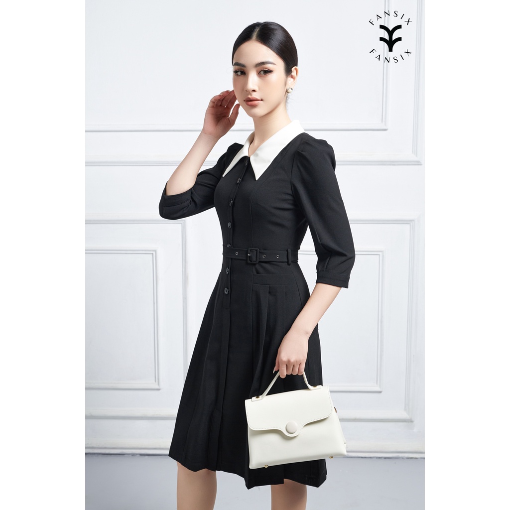 Đầm chữ A tay lỡ phối cổ sơ mi FANSIX - DL17 thiết kế tay bồng, vải mango dày dặn, 2 màu sang chảnh kèm đai. | BigBuy360 - bigbuy360.vn