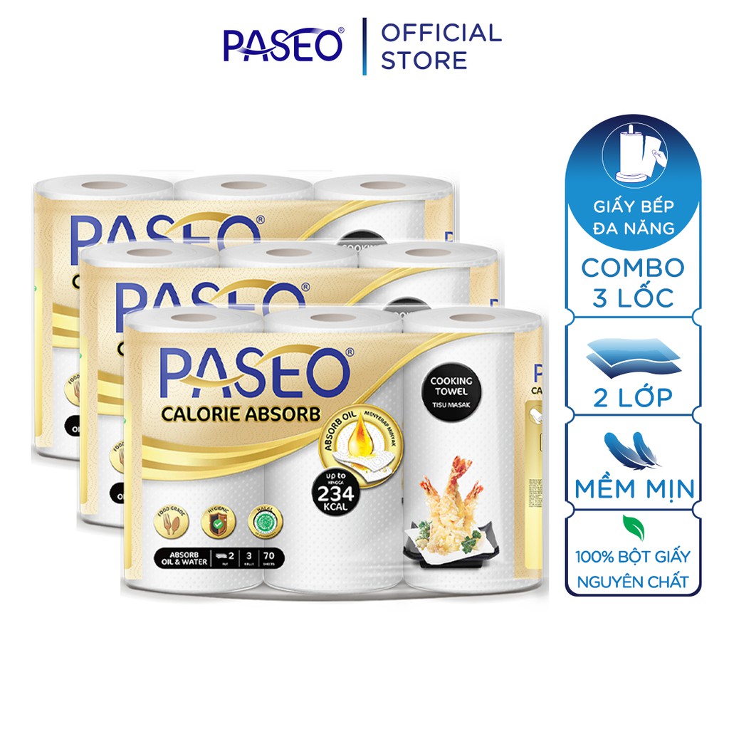 Combo 3 lốc giấy bếp đa năng cao cấp Paseo Calorie Absorb lau dầu mỡ, thấm hút nhanh (3 cuộn 2 lớp)/lốc