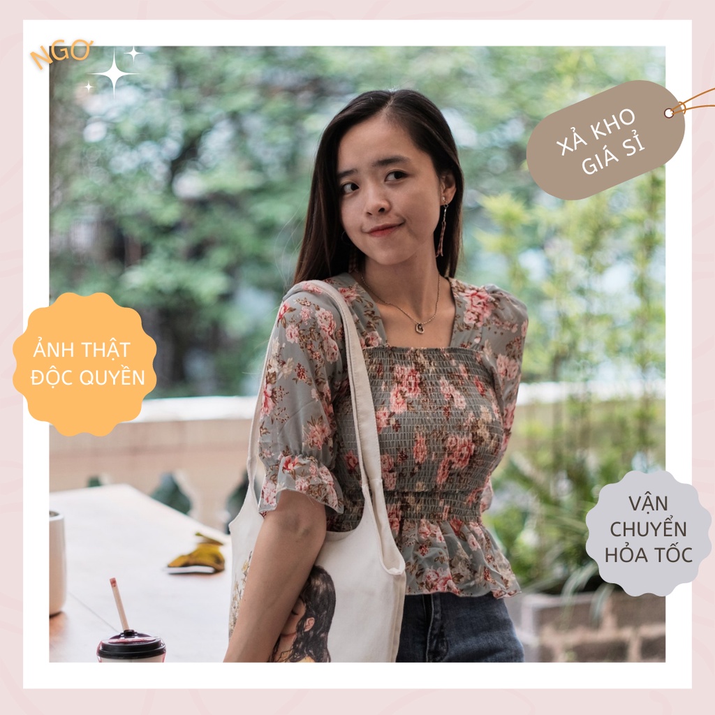 Áo sơ mi công sở, Áo kiểu vải voan tay ngắn dáng ôm eo diềm xếp nếp họa tiết hoa thời trang mùa hè 2022