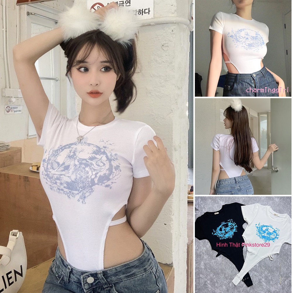 Áo Liền Quần Nữ Bodysuit Tay Ngắn Cổ Tròn In Họa Tiết Hở Eo Quyến Rũ A5274 | WebRaoVat - webraovat.net.vn