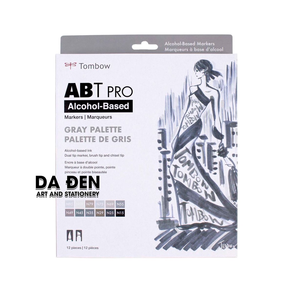 [DA ĐEN] Bộ 12 Bút Dual Marker Tombow ABT Pro - GRAY (Tặng Kèm Túi Cuộn Bút Giới Hạn)