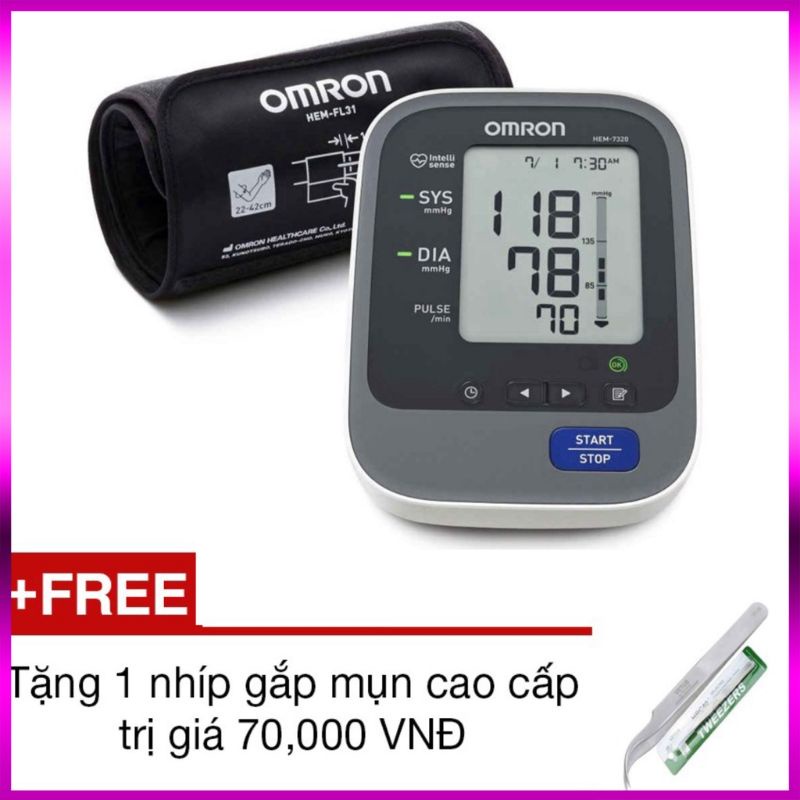 Máy đo huyết áp bắp tay tự động Omron HEM-7320 (Trắng phối xám)+Tặng 1 nhíp gắp mụn