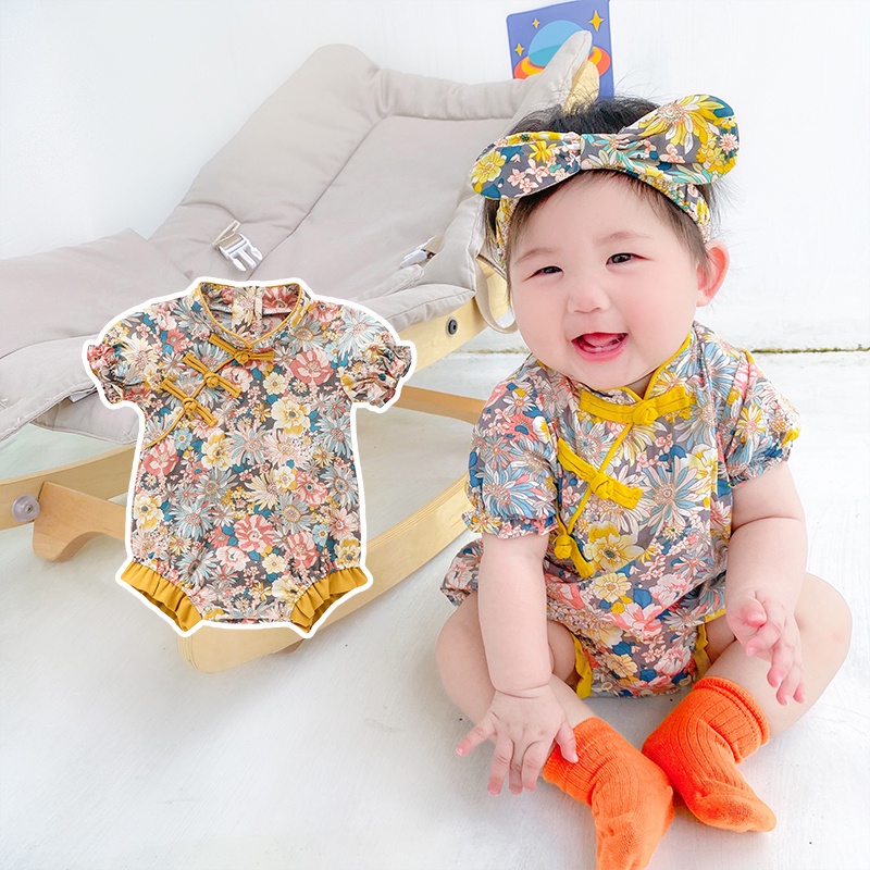 Bộ Áo Liền Quần Ngắn Tay Cài Nút Kiểu Sườn Xám Trung Hoa + Băng Đô Cài Tóc Thời Trang Mùa Hè Cho Bé Gái
