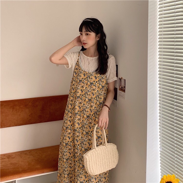 (SET VNXK) SET YẾM HOA NHÍ + ÁO TÍM TRẮNG VÀNG VINTAGE - VÁY YẾM HOA ULZZANG