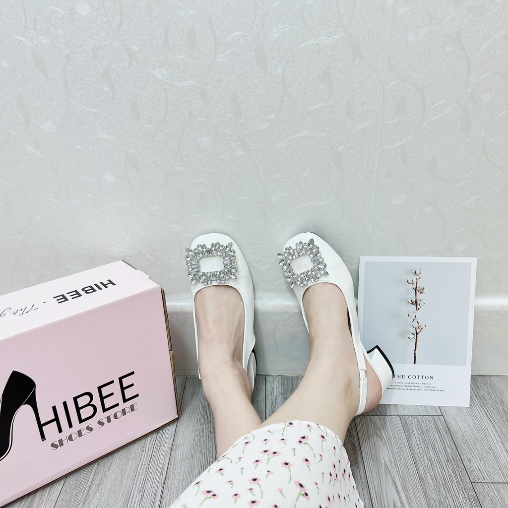 Giày sục cao gót nữ 3 phân guốc nữ mũi vuông gắn đá da mềm sang chảnh QM06