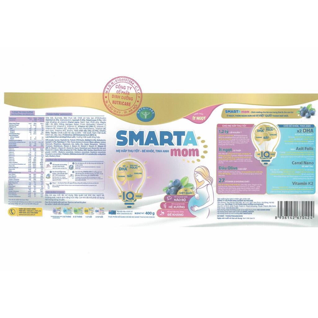 Sữa bột Nutricare Smarta Mom dinh dưỡng dành cho phụ nữ mang thai và cho con bú hương việt quất