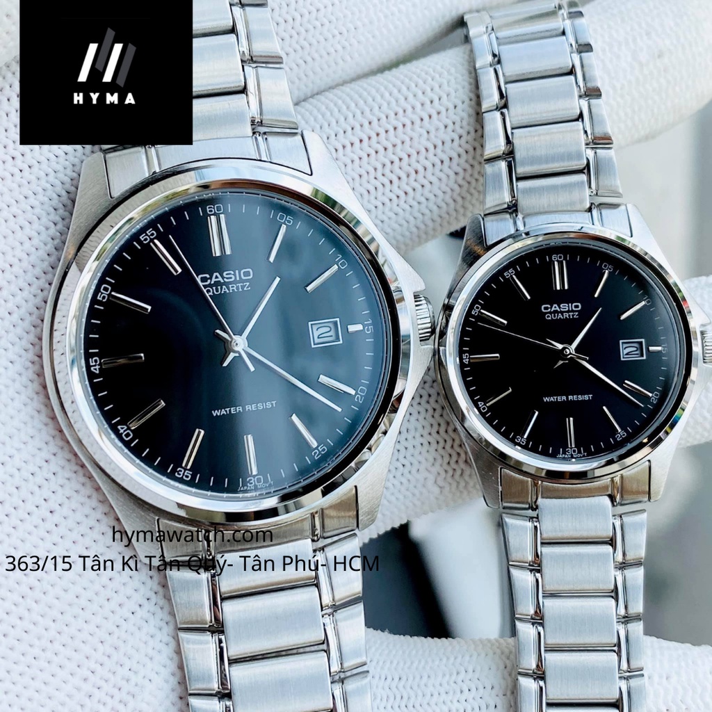 Đồng hồ đôi đẹp dây thép mặt đen Casio 1183A Bảo hành 1 năm Hyma watch