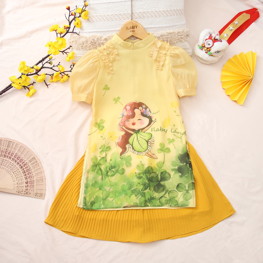 Áo dài cho bé gái ILABY thiết kế họa tiết ngộ nghĩnh [IG0689]